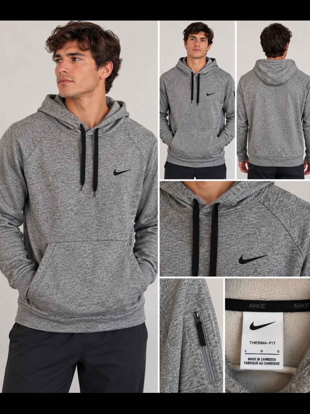 Nike Therma-FIT Gray Pullover Hoodie Black Swoosh Zip Sleeve Pocket, Size Large